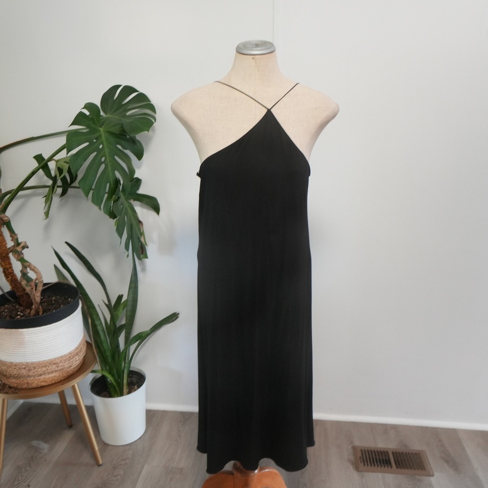 Nili Lotan Slip Dress Womens L Black Asymmetric Midi Viscose Stretch Made in USA